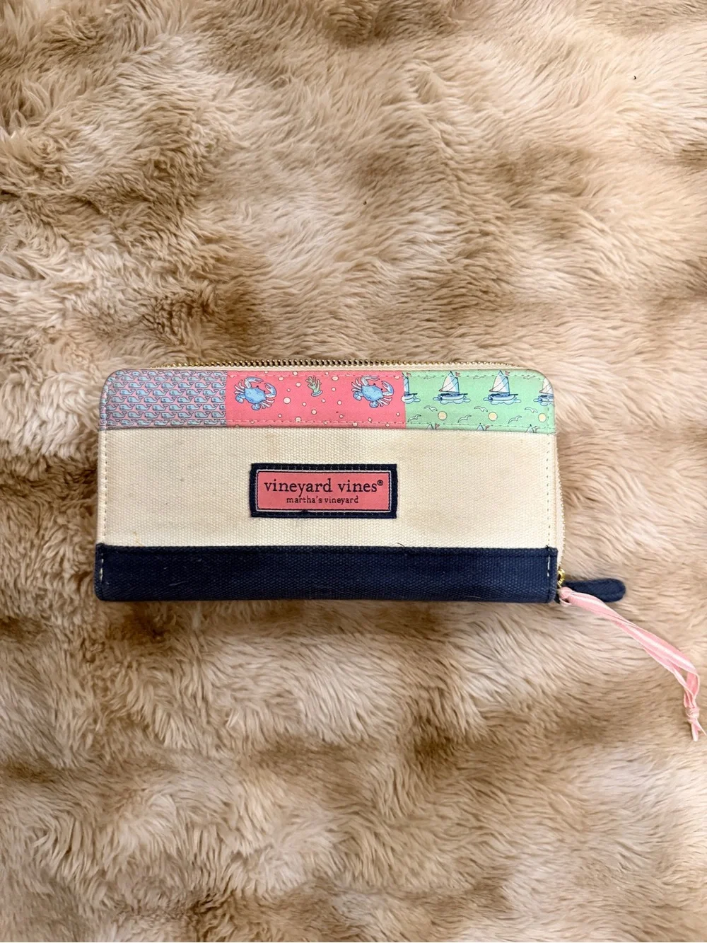 Vineyard Vines Canvas Patchwork Nautical Zip Wallet with Coral & Mint Accents
